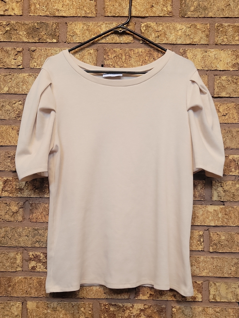 Gilli Cream Short Puff-Sleeve Waffle Knit Top Size Large Stretch USA